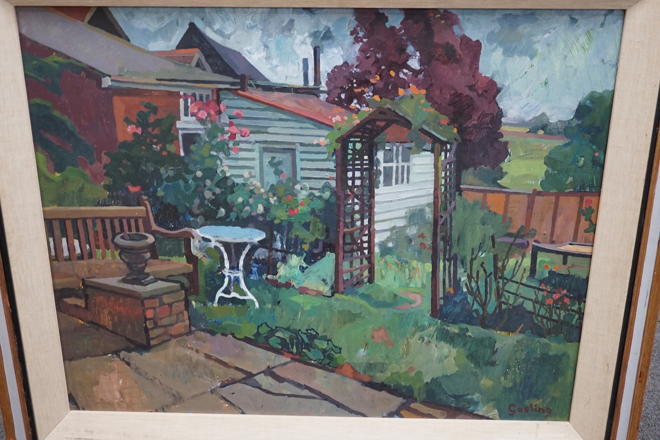 Annabel Gosling (b.1942), oil on board, Garden scene, signed, The Rowley Gallery label verso, 60 x 75cm